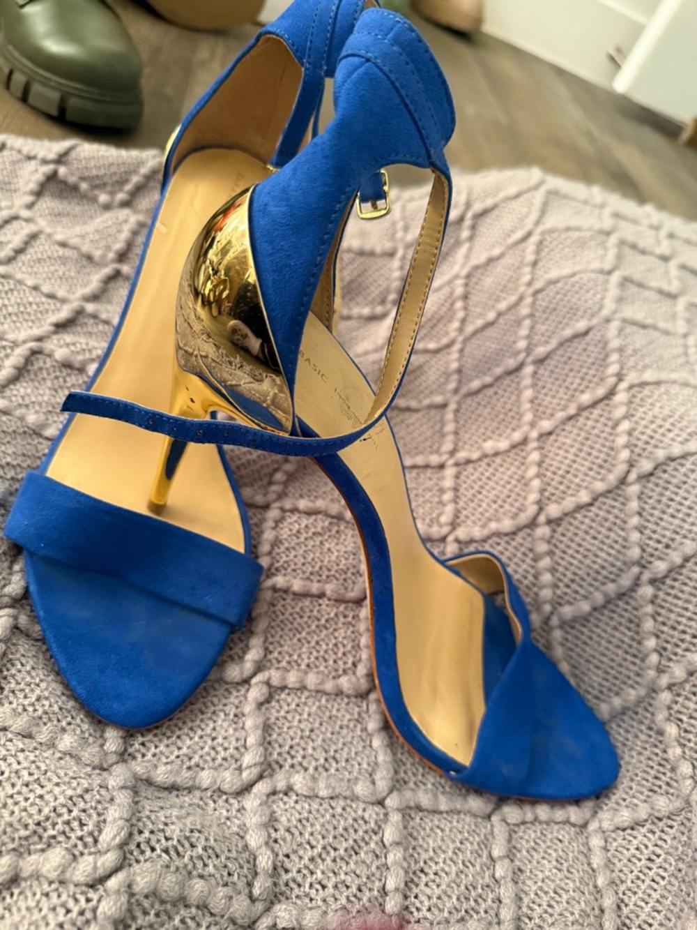 Zara Cobalt Blue Suede Heeled Sandals with Gold Accent